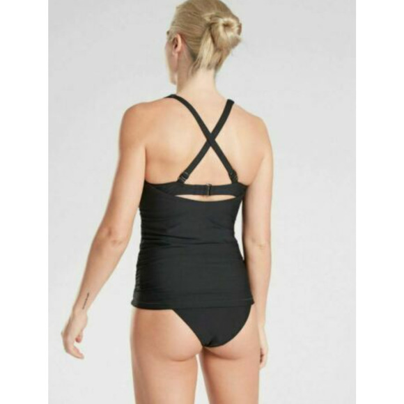 NWT ATHLETA Square Neck Bra Cup 34 B/C‎ Tall Tankini Top Black Ruching $74! - Picture 2 of 5